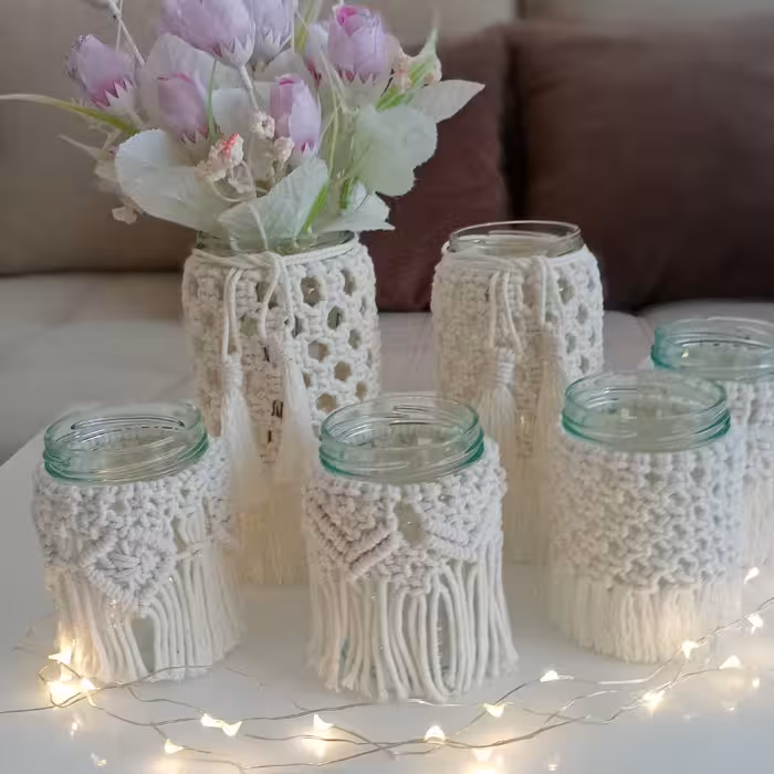 جاشمعی مکرومه بافی شمعدان مکرومه بافی گلدان مکرومه بافی شیشه مکرومه بافی دکور شیک جاشمعی شیک سبک بوهو دکور هفتسین