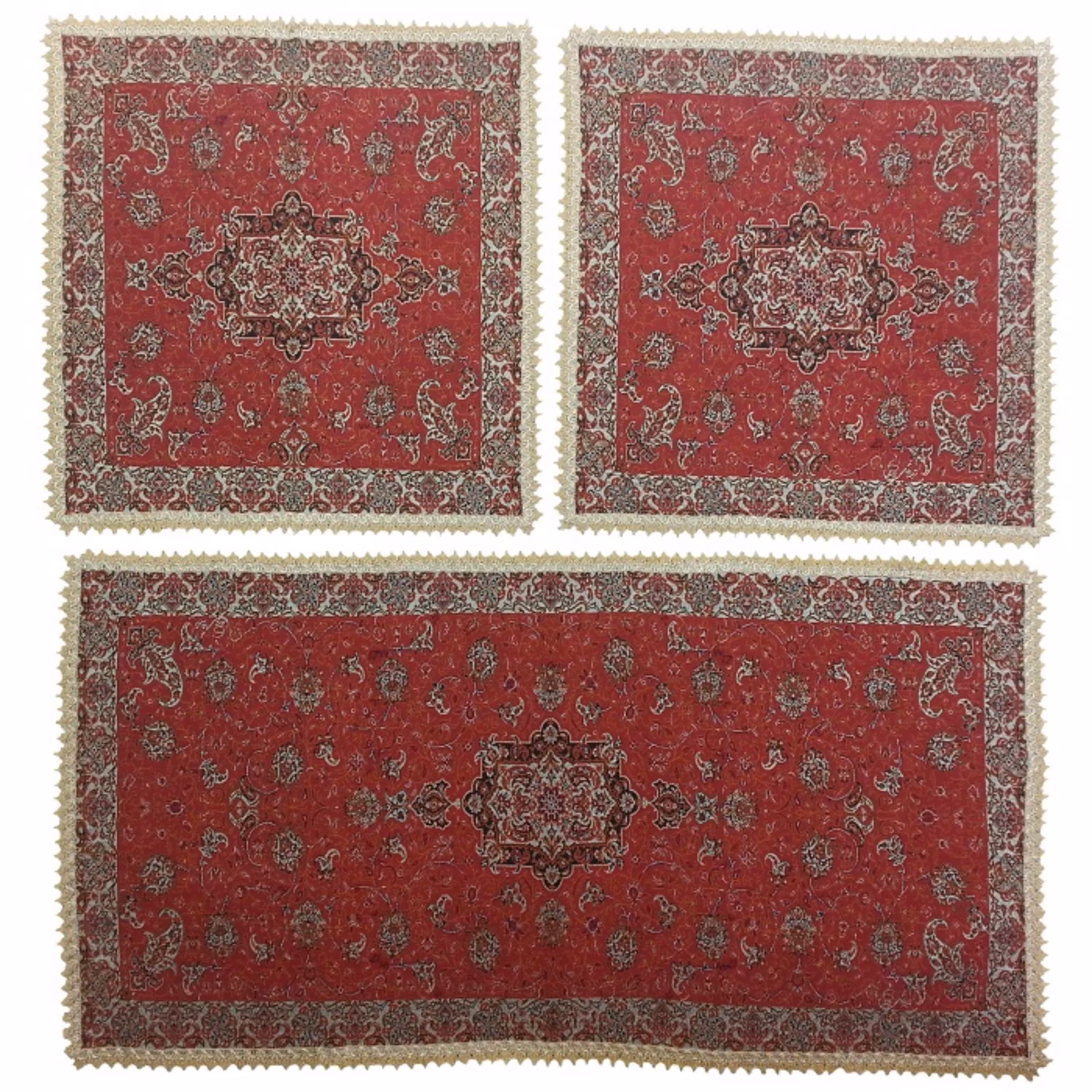 رومیزی سرویس ترمه ابریشم  کد TRSETE15  نفیس  رنگ قرمز  آستر زرشکی