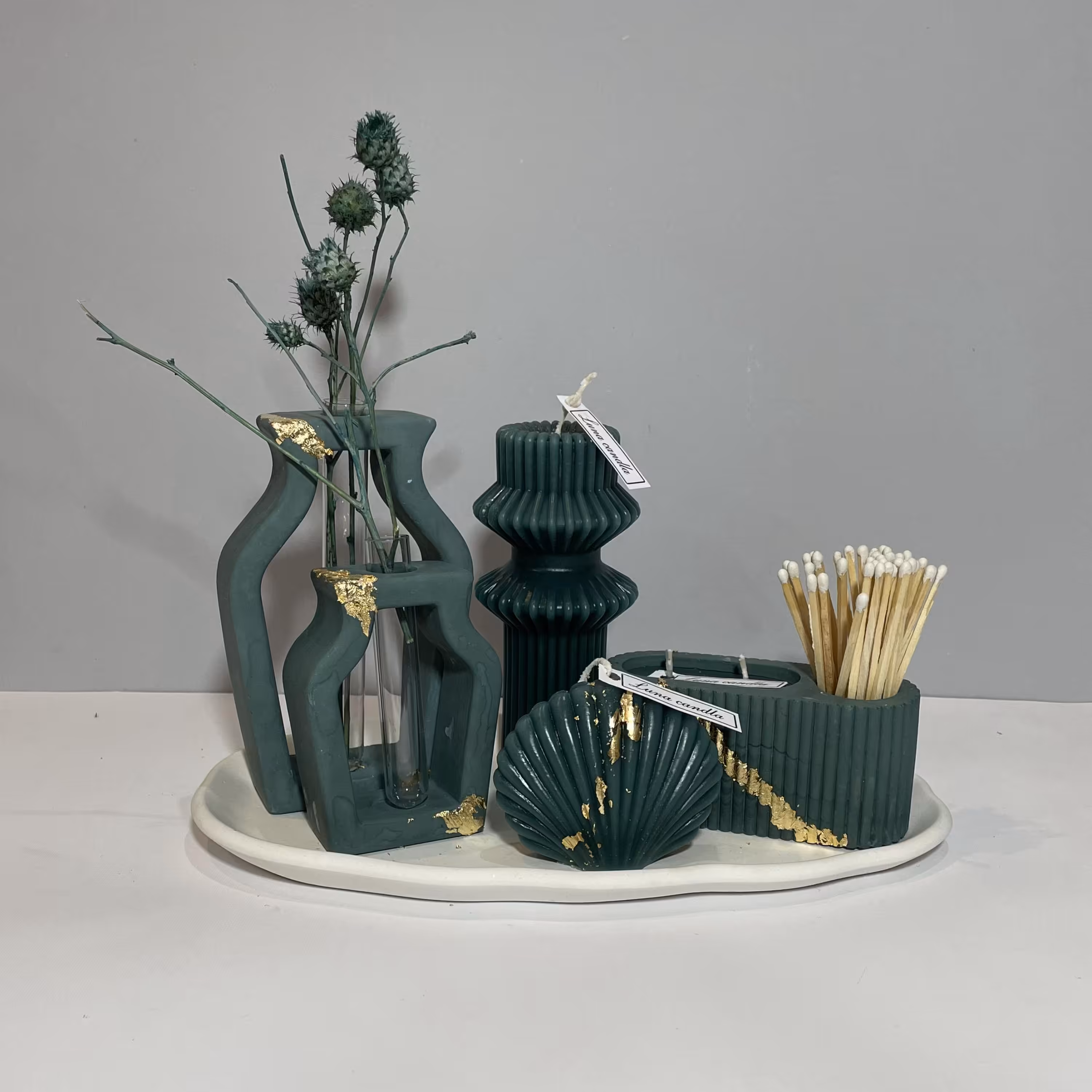ست دکوری سنگی با ترکیب شمع رنگ سبز با ورق طلا