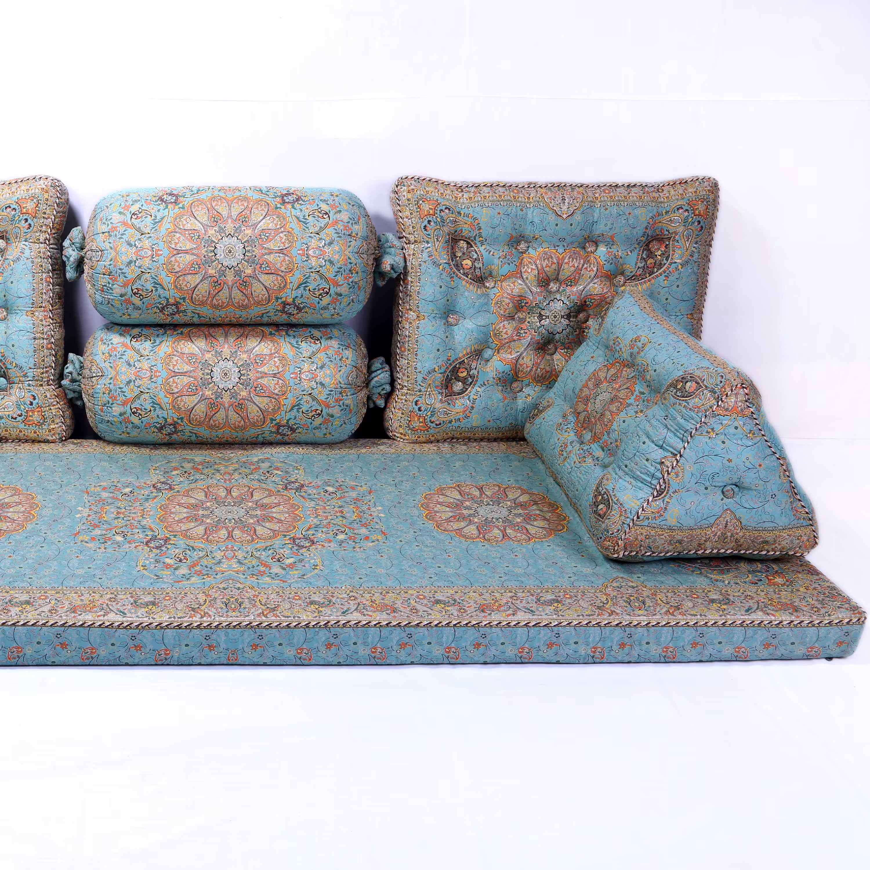 سرویس سنتی شاهنشین طرح افشار رنگ سبزآبی(ست پشتی ترمه)