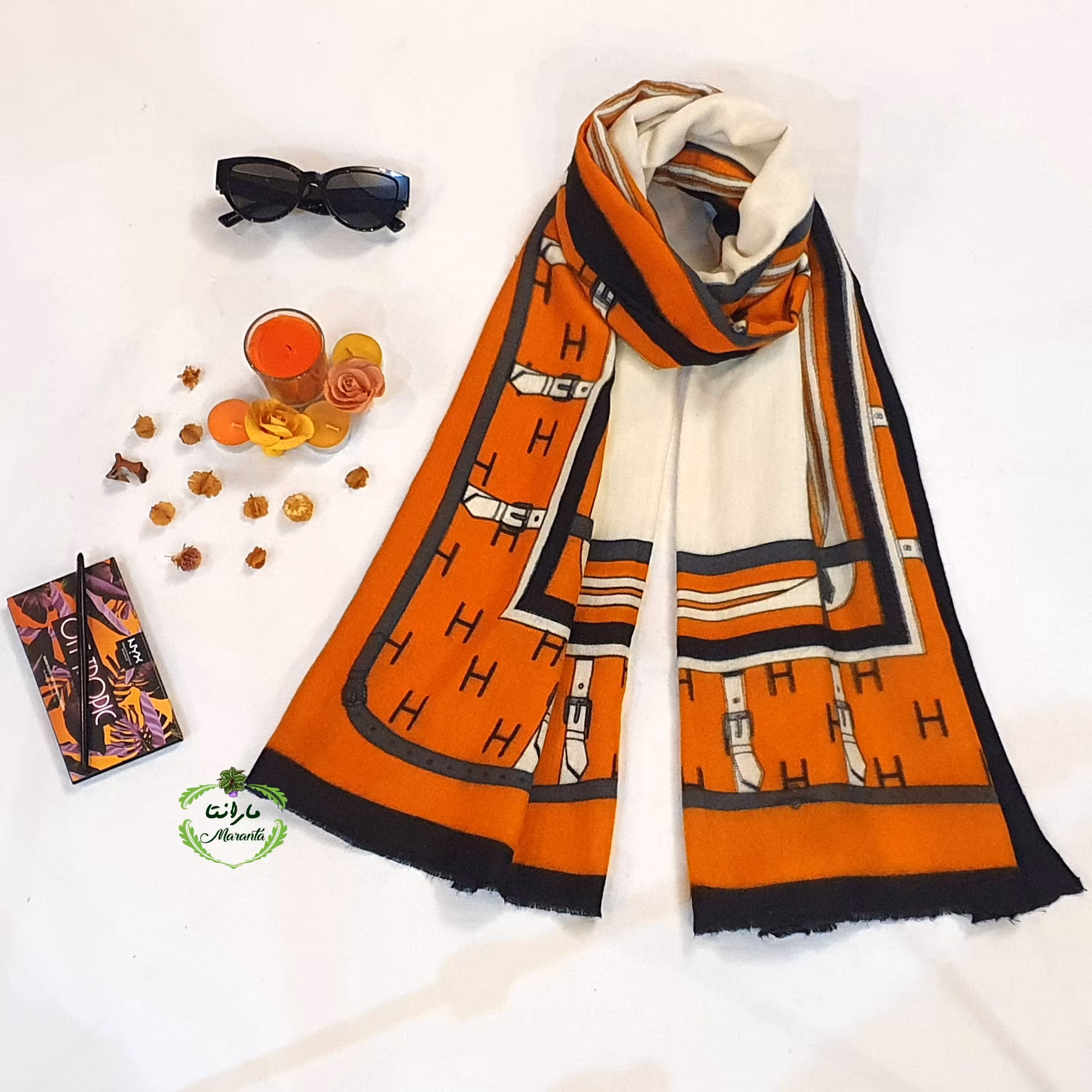 شال کد 108 پاییزی موهر چاپ خیس قواره 70 در 200  طرح هرمس زمینه نارنجی