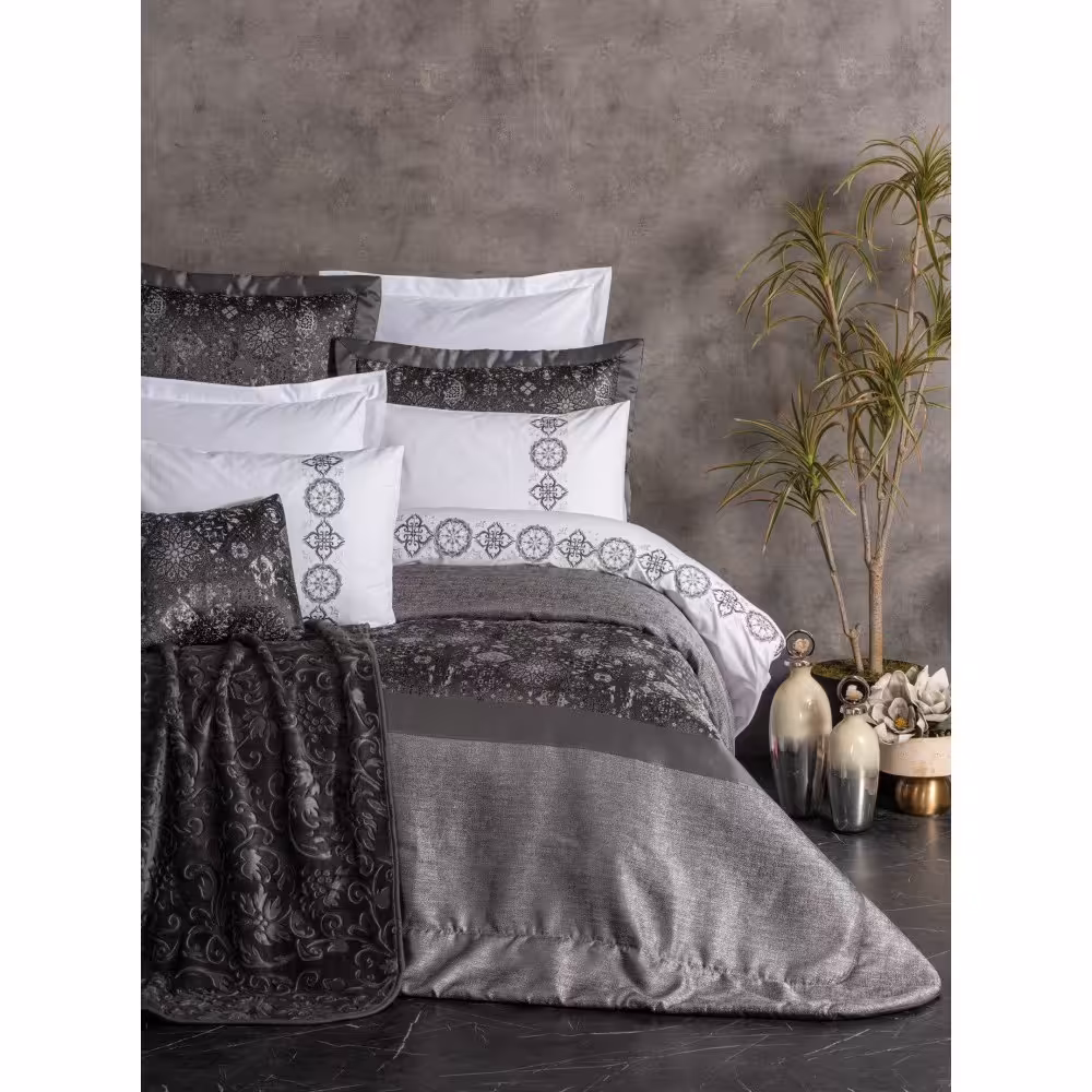 رو تختی عروس کاتن باکس مدل Platinium Valeria Antrasit دو نفره  11 تکه