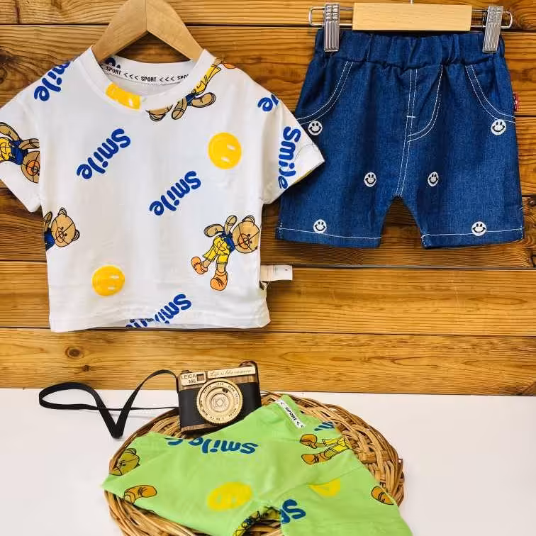 تیشرت شلوارک تدی لبخند وارداتی در سایزبندی و رنگ بندی مناسب پسر خوشتیپا