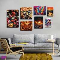 تابلو شاسی بکلیت طرح نقاشی مدرن گل رنگی و پروانه مدل  SH-1748 مجموعه 7 عددی