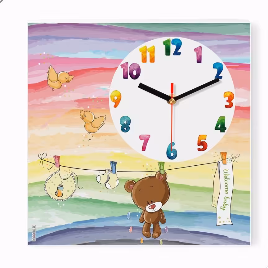 ساعت دیواری اتاق کودک طرح خرس بند رخت کد 3332