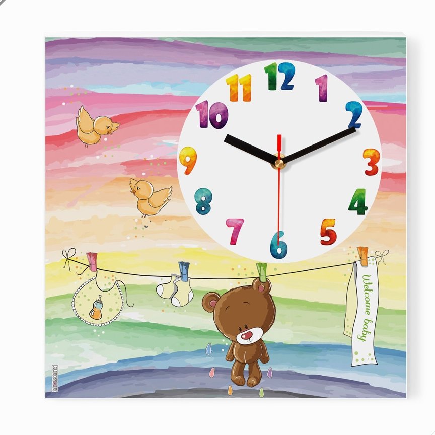 ساعت دیواری اتاق کودک طرح خرس بند رخت کد 3332