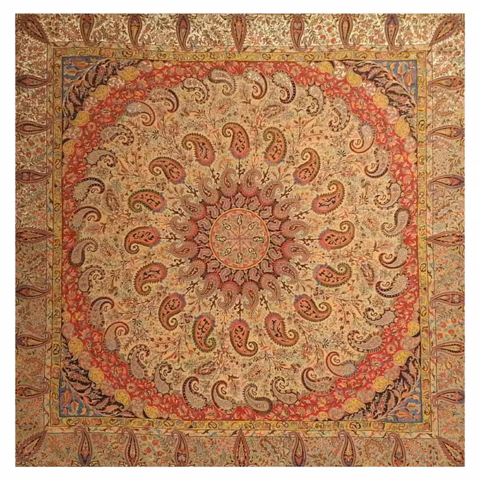 رومیزی ترمه مربع ابریشم  کد TRM77  تار سفید  رنگ کرم روشن  آستر کرم