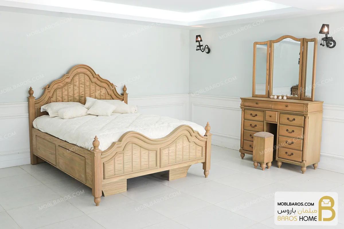 سرویس خواب دو نفره چوبی با کشو مخفی مدل پانیذ سفارشی کد 3