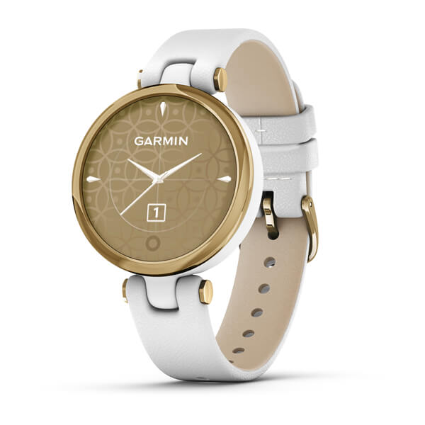 ساعت هوشمند گارمین مدل Lily Light Gold Bezel with White Case با بند چرمی