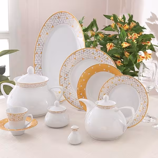 سرویس 12 نفره چینی زرین طرح ژئومتریکال طلایی قالب شهرزاد 108 پارچه