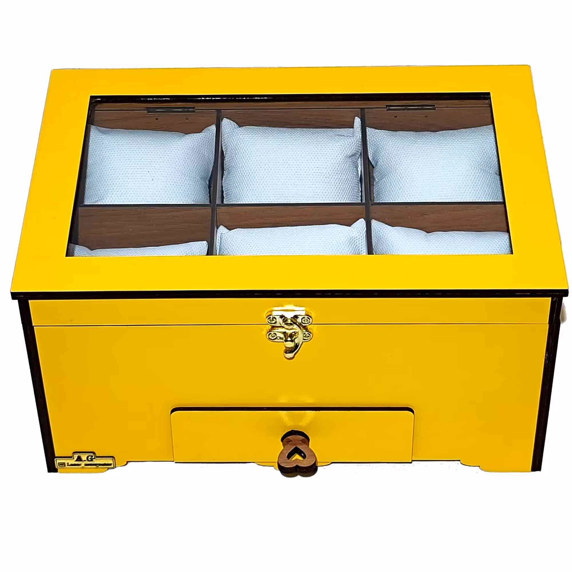 جعبه ساعت چوبی 6خانه کشودار درب لولایی زرد و کرمی و زرشکی مدل AG420