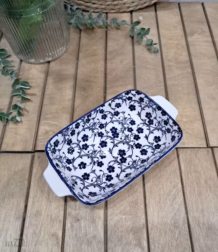 تابه مستطیل سرامیکی دو دسته سایز 20 گل آبی چین