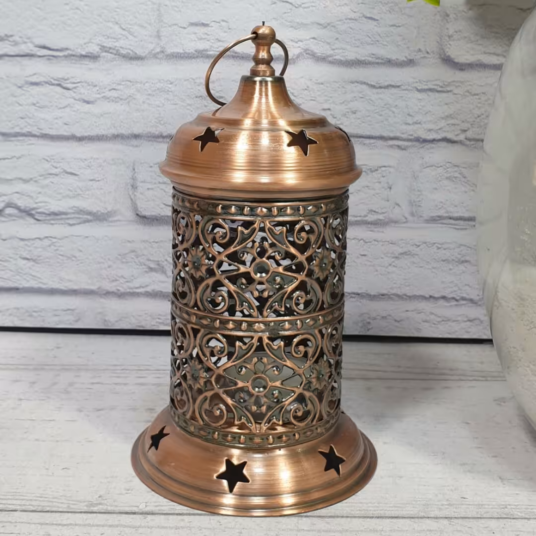 جاشمعی فلزی طرح فانوس رنگ مسی و آنتیک