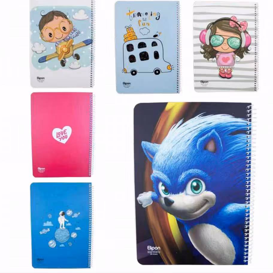 دفتر 40برگ تک خط فنری جلد گلاسه طرح فانتزی الیپون کد 63120