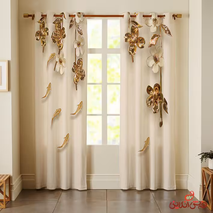 پرده 2عددی طرح برگ و گل طلایی کد 2440