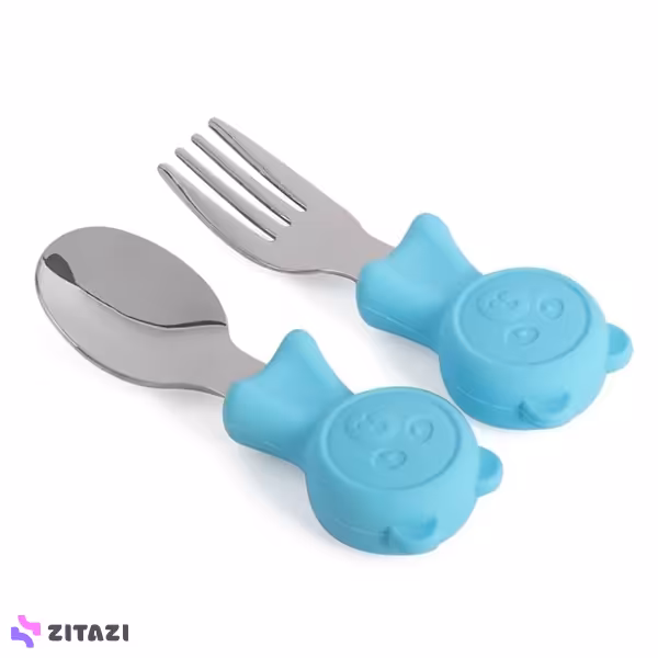 قاشق چنگال دسته سیلیکونی کودک jojobebek طرح خرس آبی