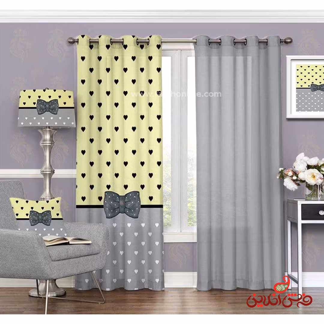 پرده 2عددی کودک طوسی زرد طرح پاپیون کد 3688