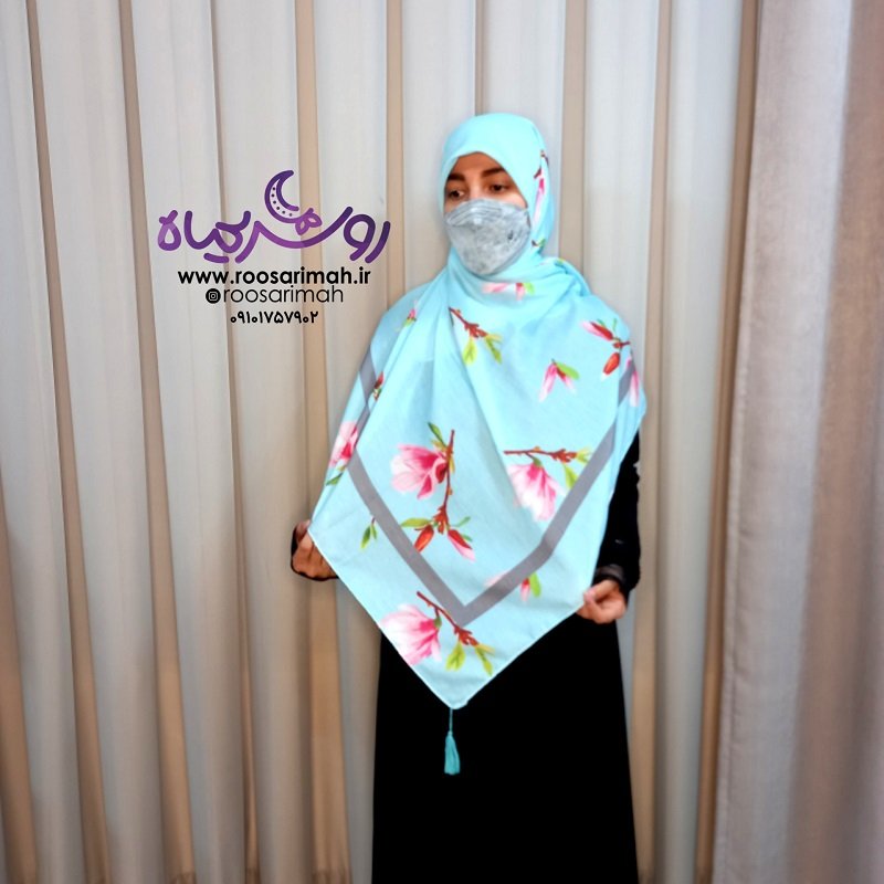 روسری آبی تیفانی. نخی ترک و دور دوخت. قواره 140 و منگوله دار