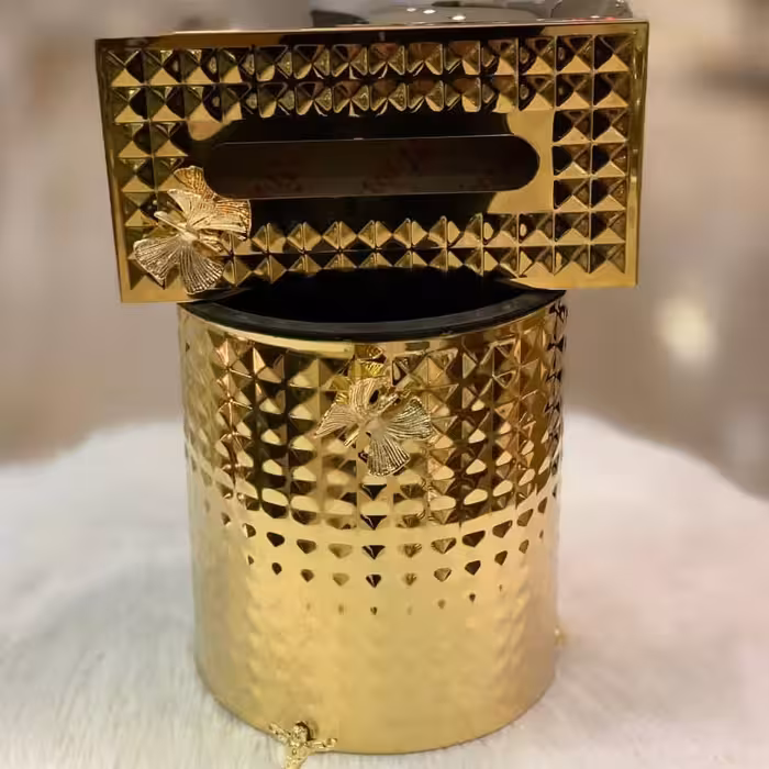 سطل و جا دستمال کاغذی گرد استیل طرح دار