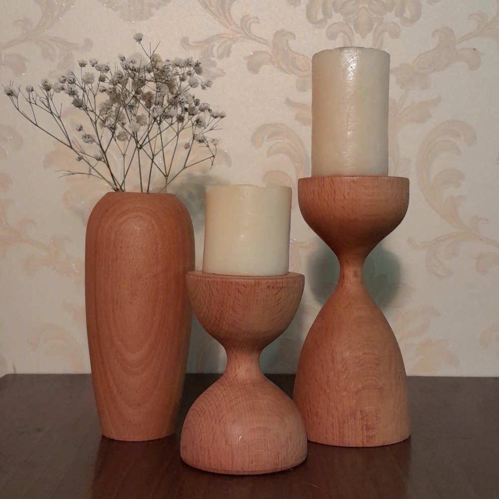 دکوری چوبی شمعدان و گلدان ست رومیزی 15و14و10سانتی دکوراسیون
