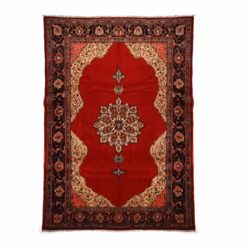 فرش دستباف قدیمی شش متری طرح ترنج دار کف ساده کد 4101154