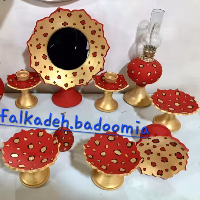 هفت سین سفالی  طرح دلبر   مدل  پلنگی رنگ قرمز -طلایی  