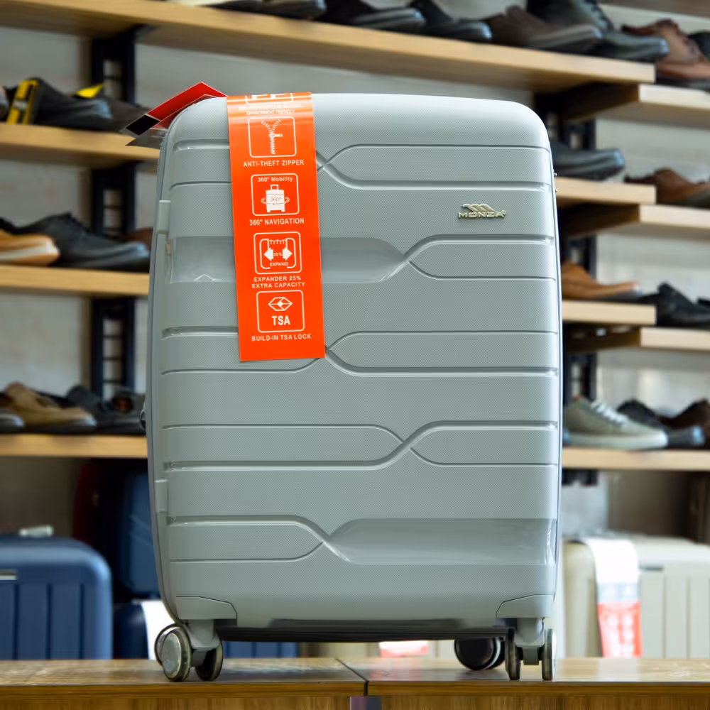 چمدان نشکن(100درصدPP) برند MONZA رنگ طوسی روشن سایز متوسط