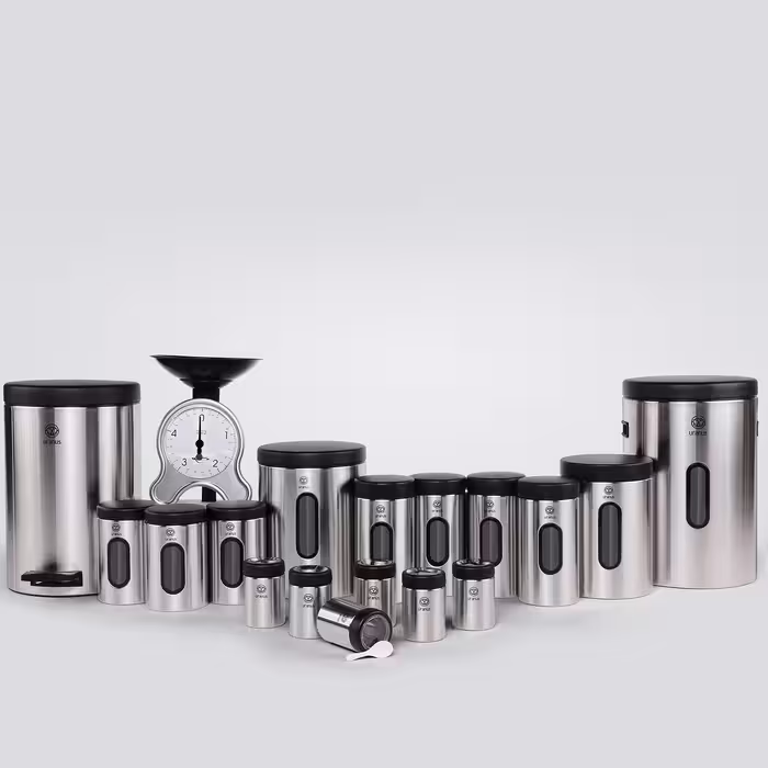 سرویس آشپزخانه اورانوس 18 پارچه مدل استوانه ای استیل خشدار با درب مشکی سمباده ای