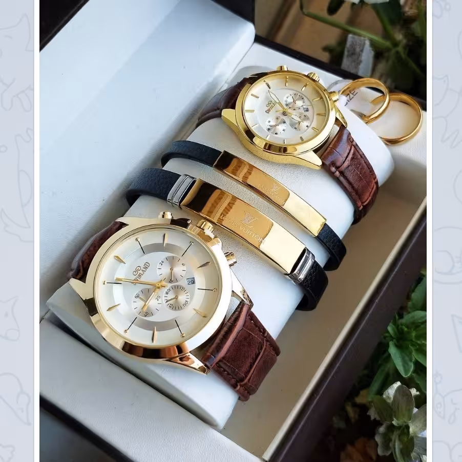 ست مردانه و زنانه ساعت مچی و دستبند وانگشتر ساعت مچی کیفیت عالی دستبند چرم با کیفیت و حلقه استیل کد 75