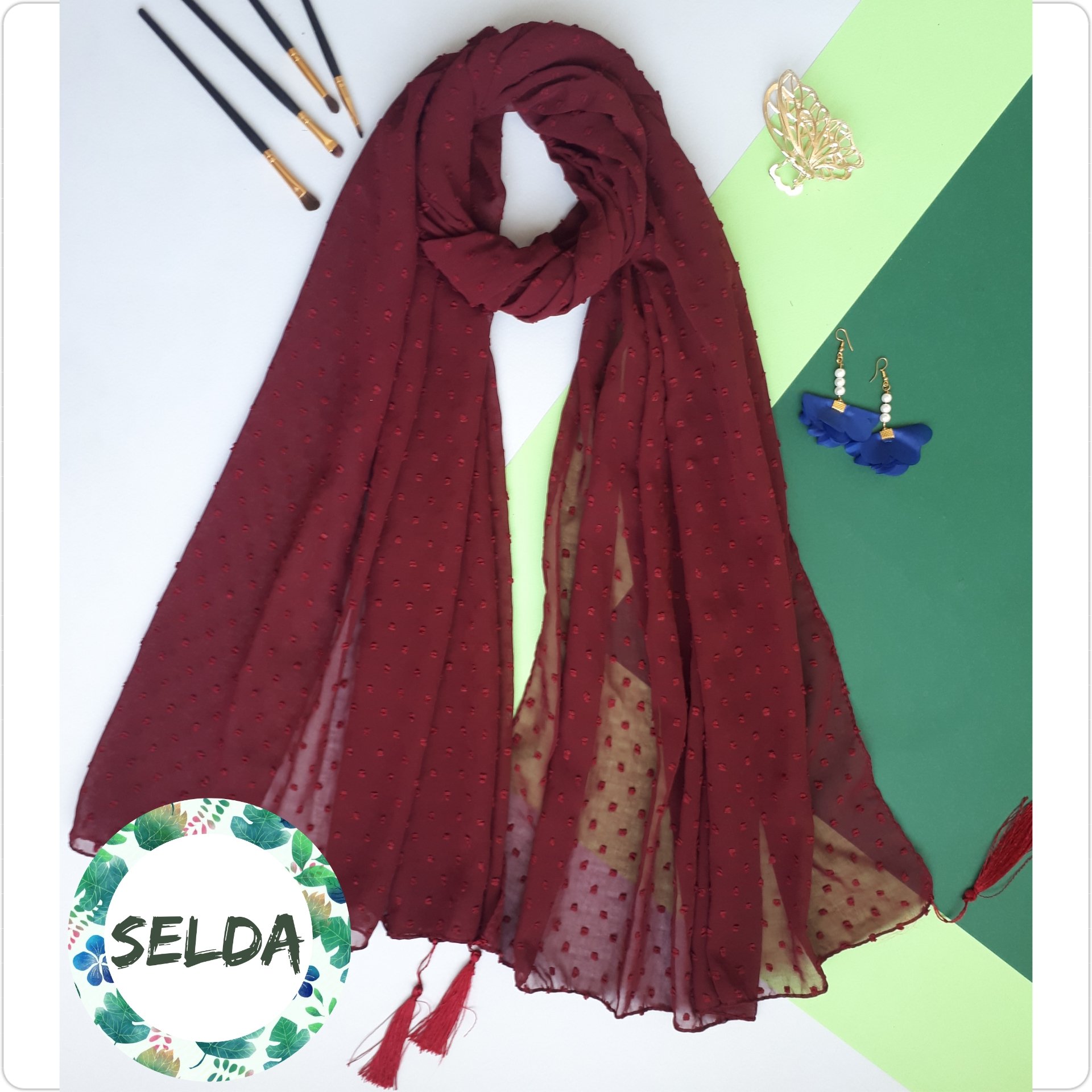 شال حریر اشکی زرشکی منگوله دار با طور 2 متر