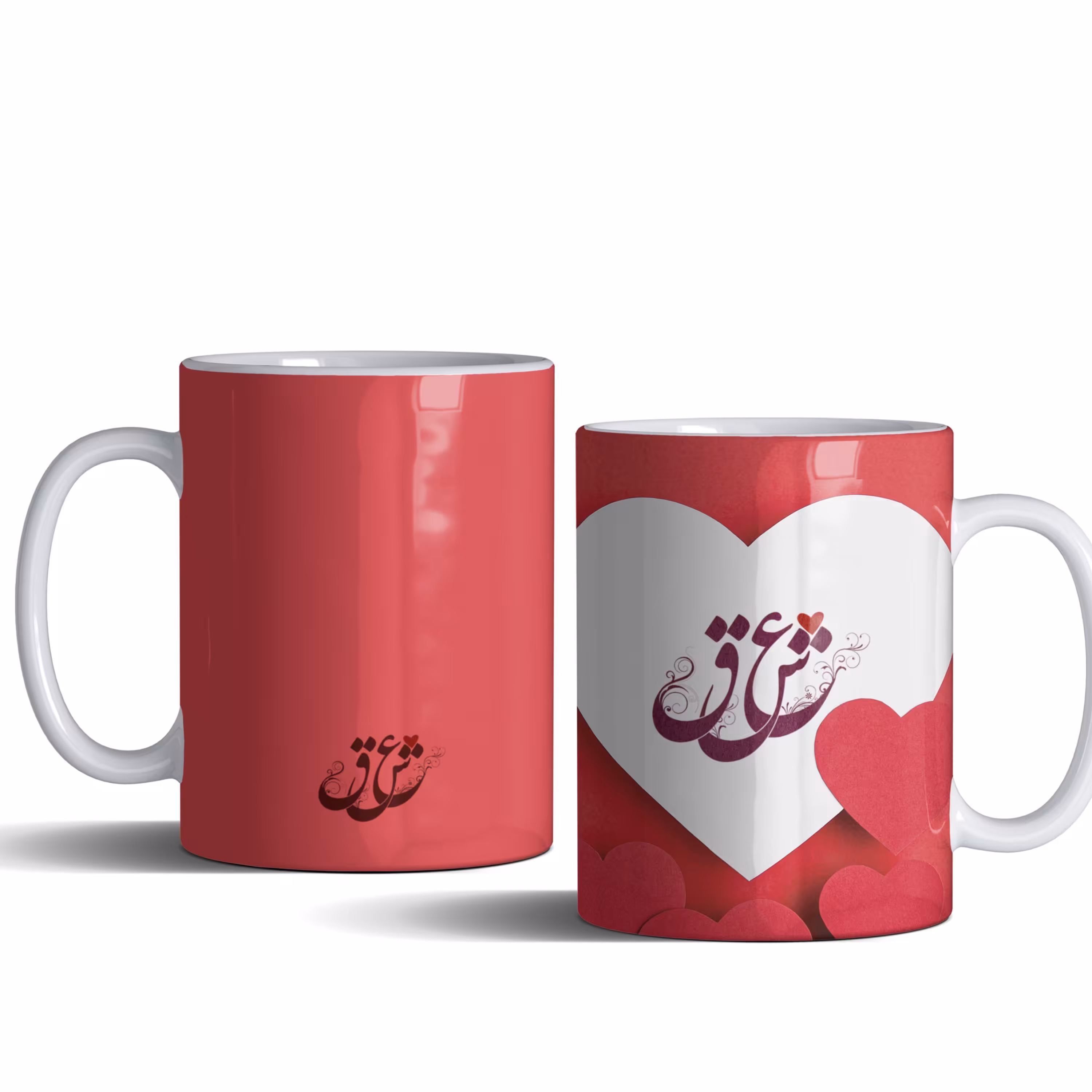 لیوان (ماگ) با متن عشق و تصویر قلبهای قرمز و سفید