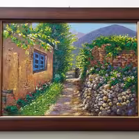 تابلو نقاشی رنگ و روغن روی فیبر 25 در 35 همراه با قاب 