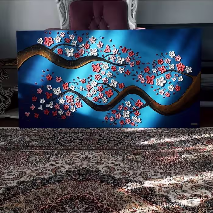 تابلو نقاشی شکوفه ها در فضای آبی