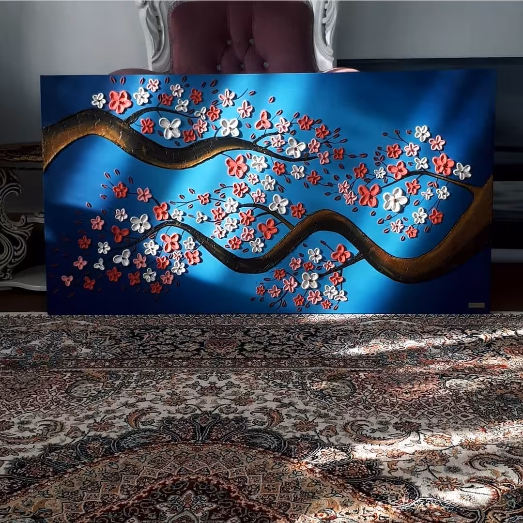 تابلو نقاشی شکوفه ها در فضای آبی
