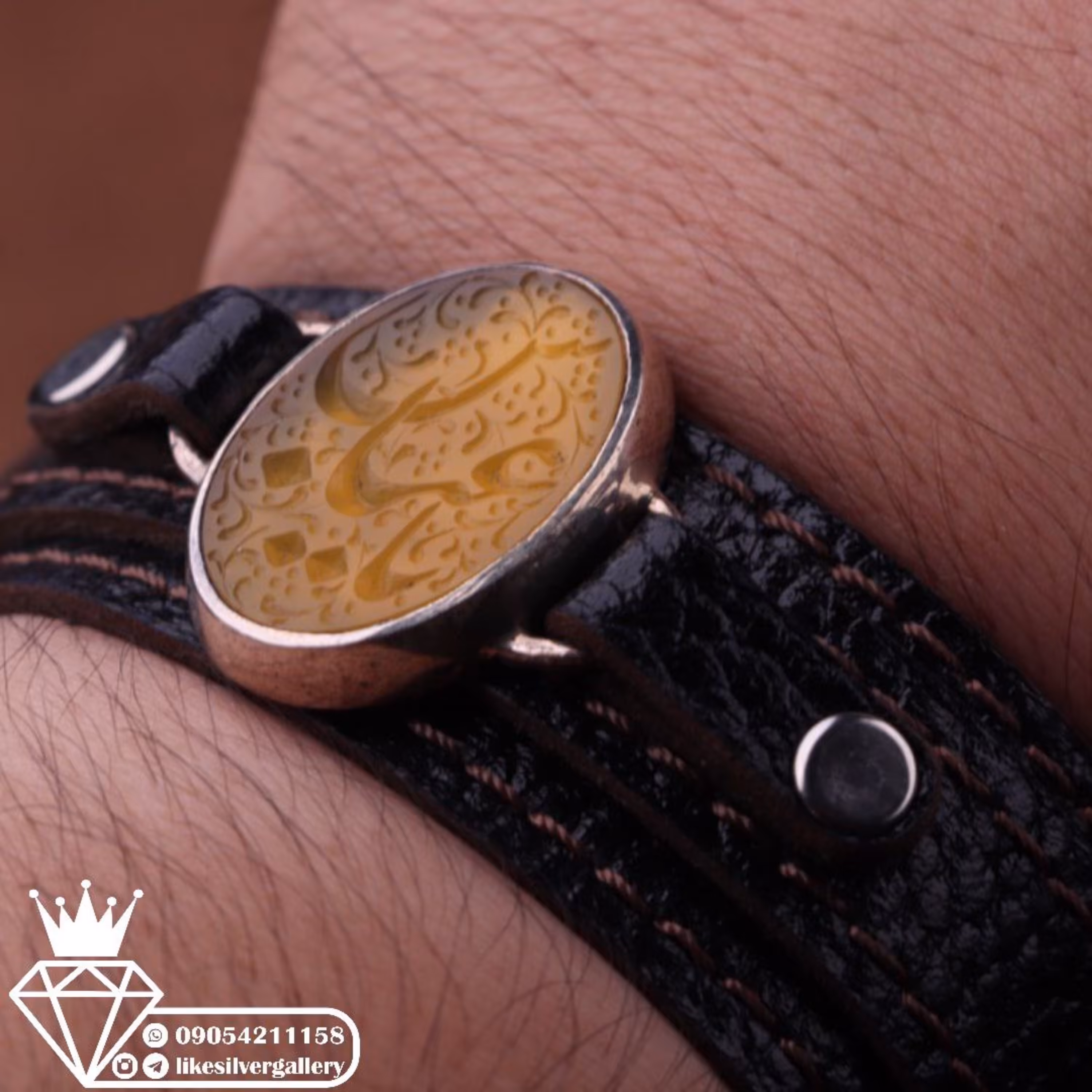 دستبند عقیق زرد خطی نقش یا عباس چرم گاوی طبیعی ارسال رایگان