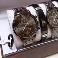 ست ساعت،دستبندچرم و حلقه استیل زنانه و مردانه