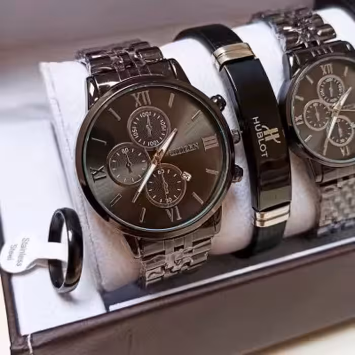 ست ساعت،دستبندچرم و حلقه استیل زنانه و مردانه