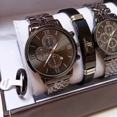 ست ساعت،دستبندچرم و حلقه استیل زنانه و مردانه