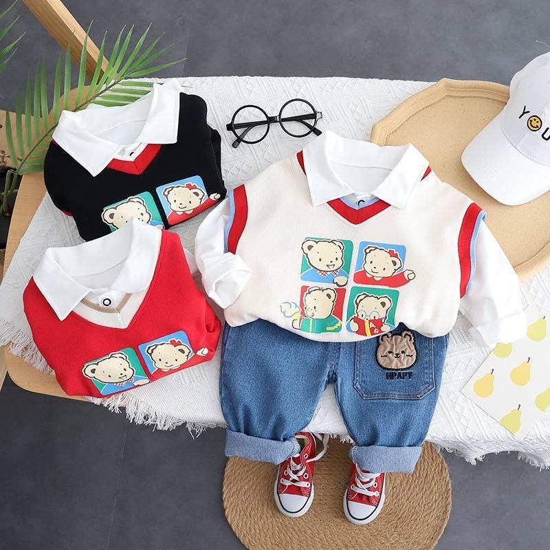 سه تیکه اسپورت وارداتی کیفیت عالی مناسب حدود سنی 1 تا 5 سال جنس بلوز نخ پنبه کشسانی دارد ژیله دورس کبریتی شلوار جین