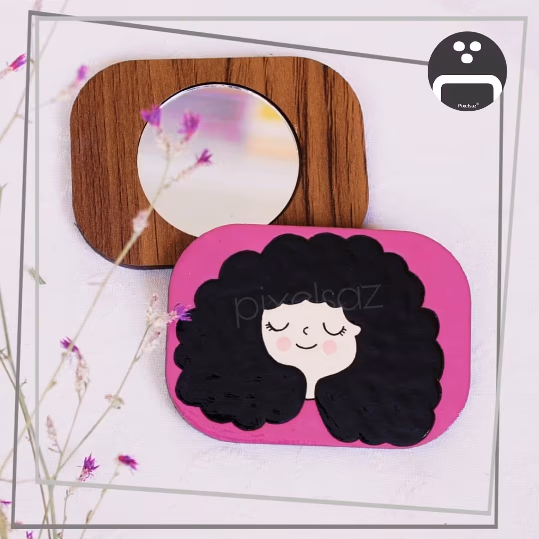 آینه جیبی طرح مو فرفری پیکسل ساز/جنس چوبی و نقاشی شده