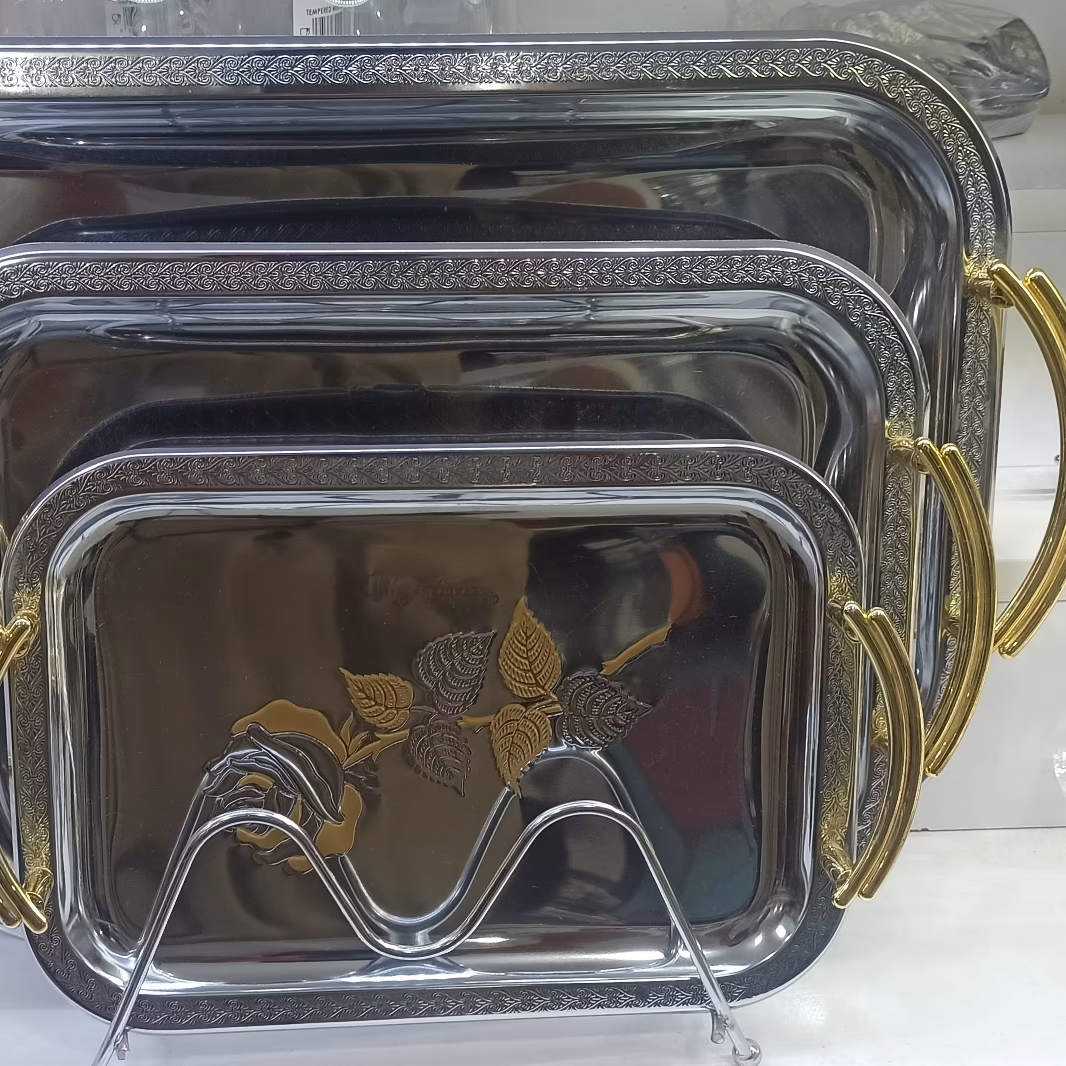 سینی استیل سه تایی  طرح دار سفید