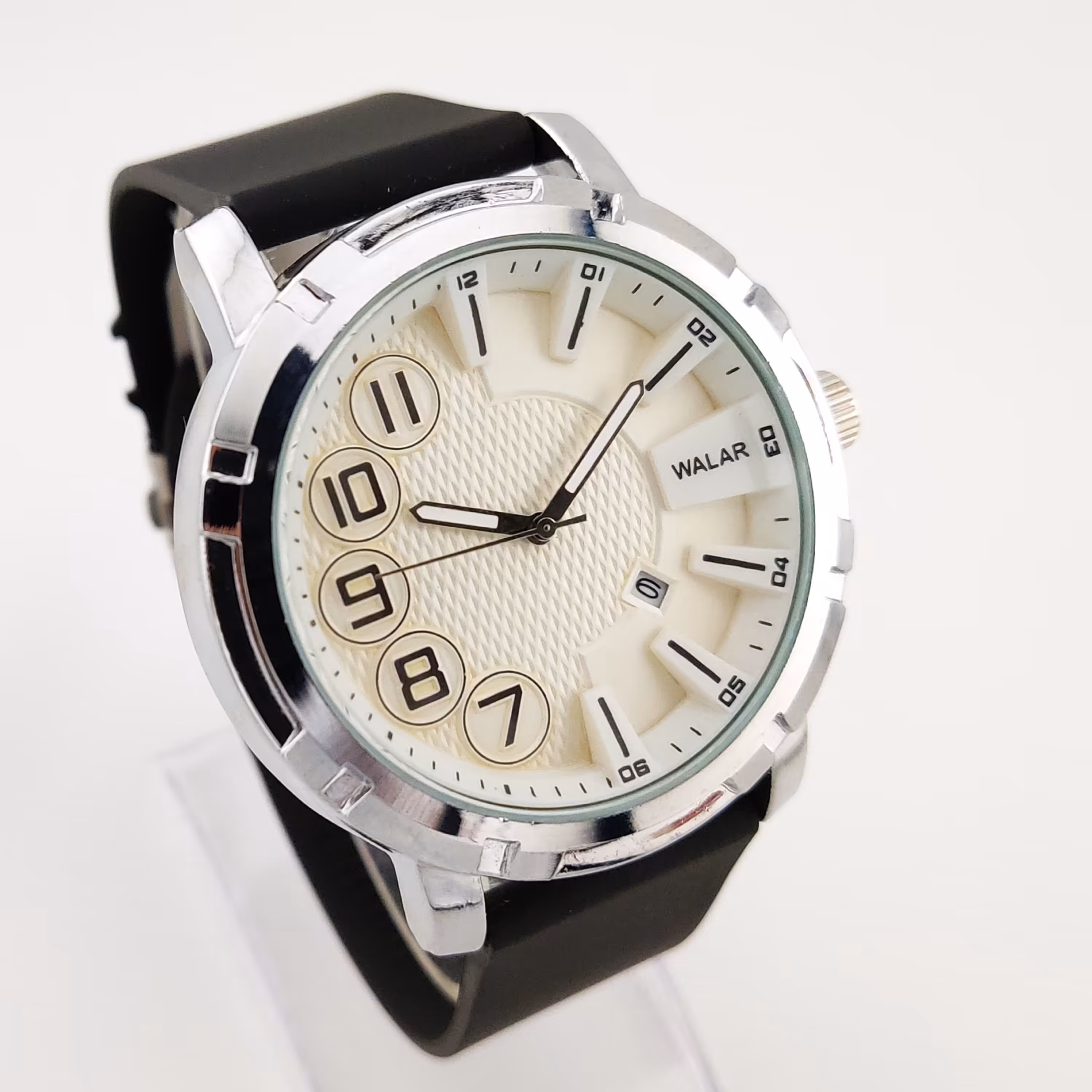 ساعت مردانه Walar اورجینال موتور قدرتمند تقویمدار صفحه برجسته قفل پروانه ای ضامندار  شیشه معدنی ضدآب دارای هولوگرام 