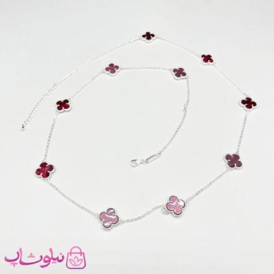 گردنبند رولباسی زنانه ونکلیف دورو صورتی زرشکی آبکاری نقره کیفیت مستر کد 470