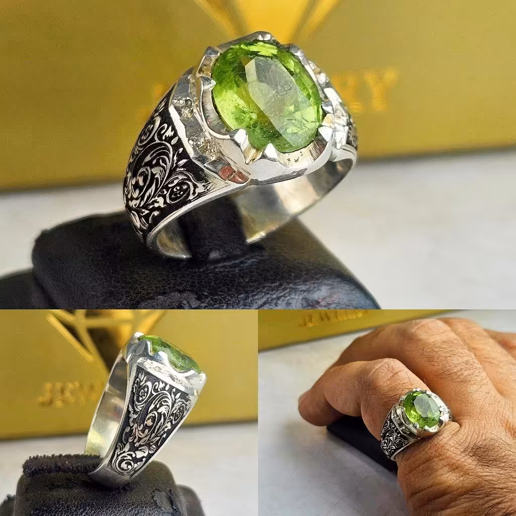 انگشتر مردانه زبرجد اصلی رکاب نقره چنگی دستساز قلم زنی عیار925ارسال رایگان