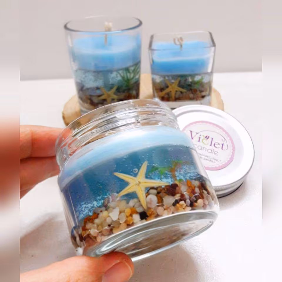 شمع شیشه ای دریایی - شمع ژله ای دریایی- شمع جاردریایی با درب کانتینری