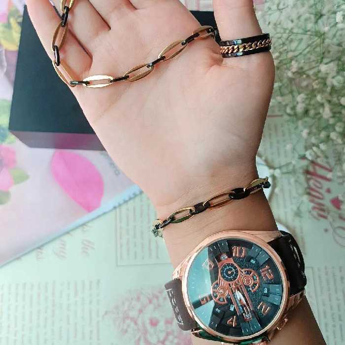 ست ساعت مردانه بند قهوه ای چرمی خوشگل 