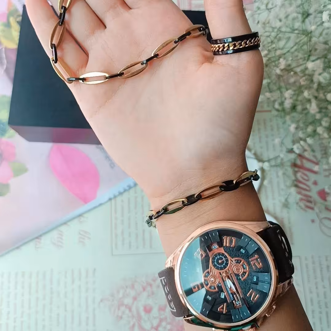 ست ساعت مردانه بند قهوه ای چرمی خوشگل 