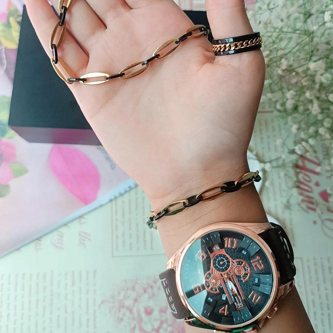 ست ساعت مردانه بند قهوه ای چرمی خوشگل
