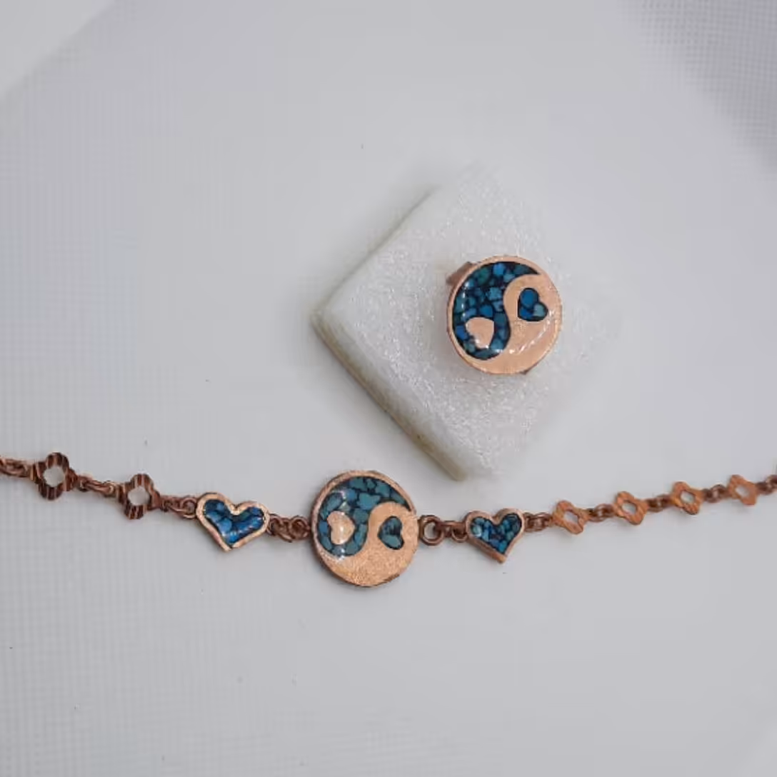 ست دستبندوانگشترمس فیروزه کوبی مدل  قلب بینهایت ترکیبی 