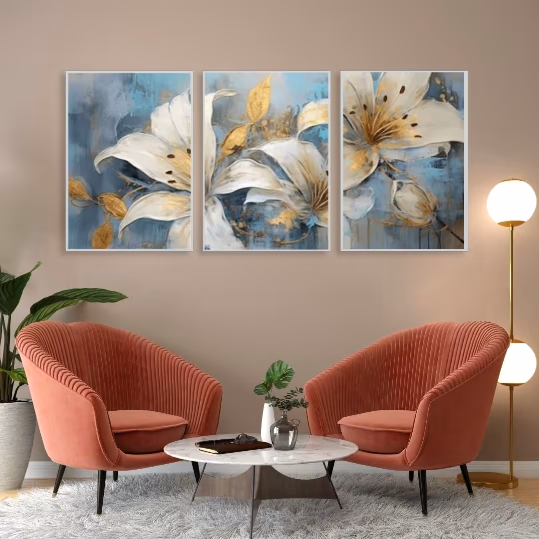 تابلو دکوراتیو طرح نقاشی گلهای سفید وکرمی با زمینه آبی سه تکه 